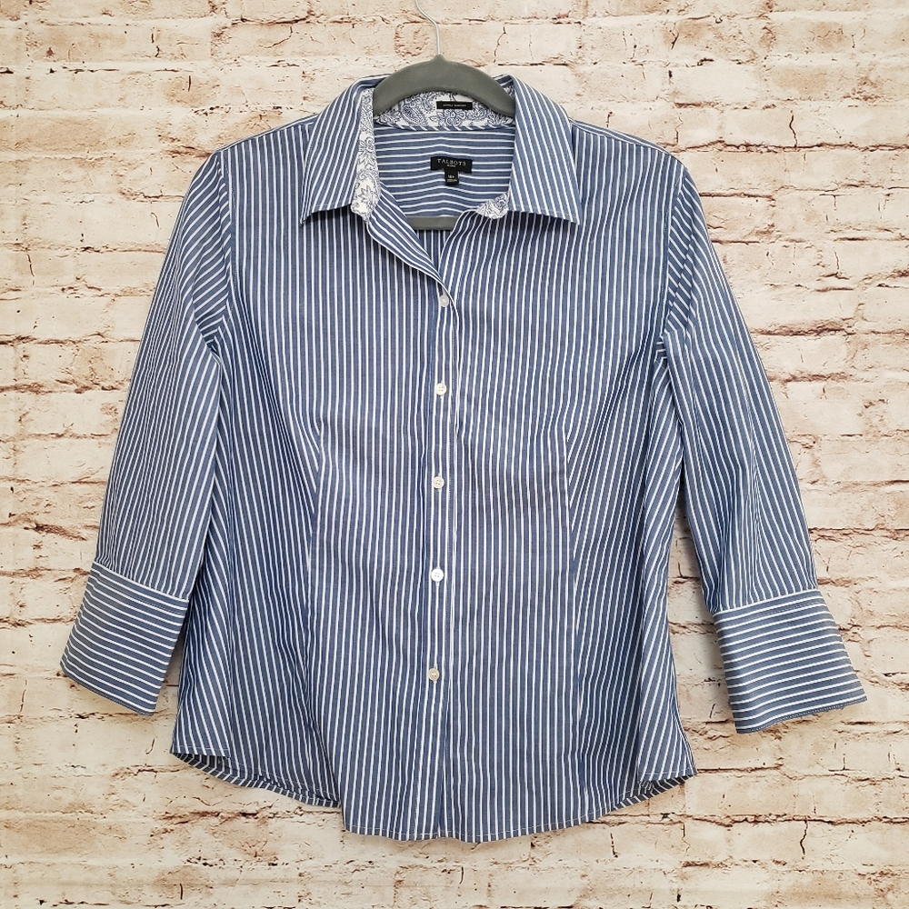 Talbots Sz 16P Blue White Striped Button Down EUC